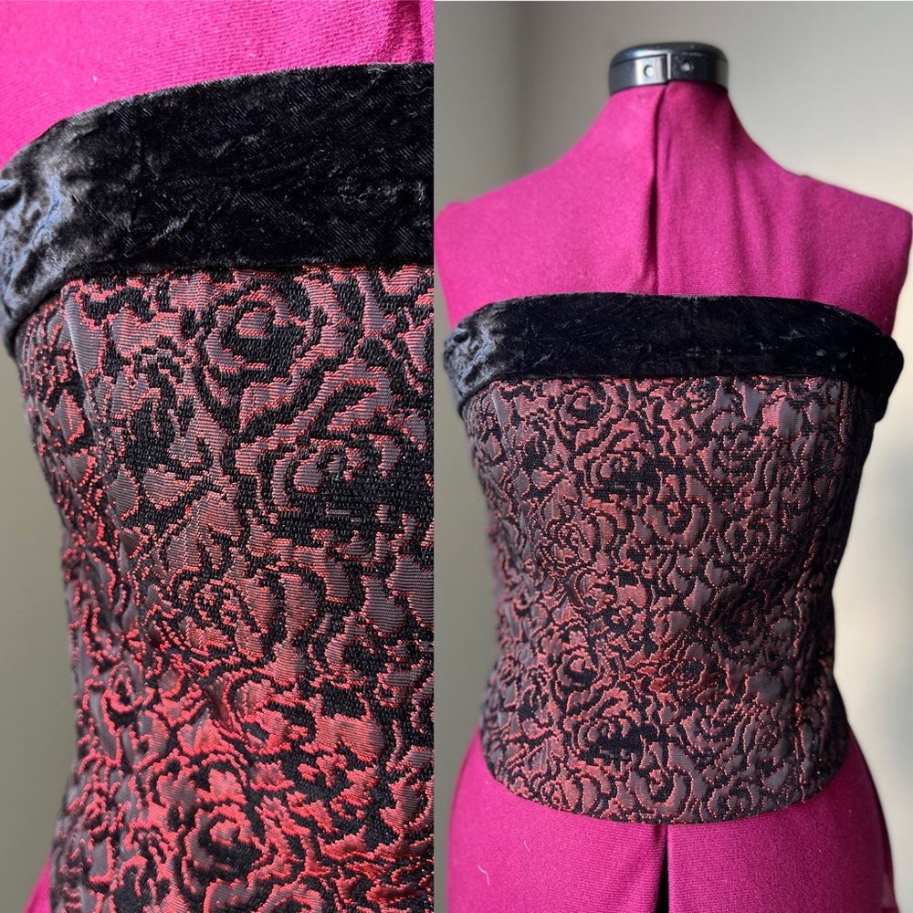 90s JR Nites by Caliendo Red and Black Tapestry Formal Tube Top with Velvet Trim